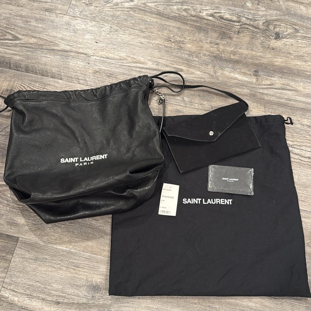 YSL Saint Laurent Teddy Bucket Bag Leather Logo Drawstring Crossbody + Pouch - Picture 3 of 16